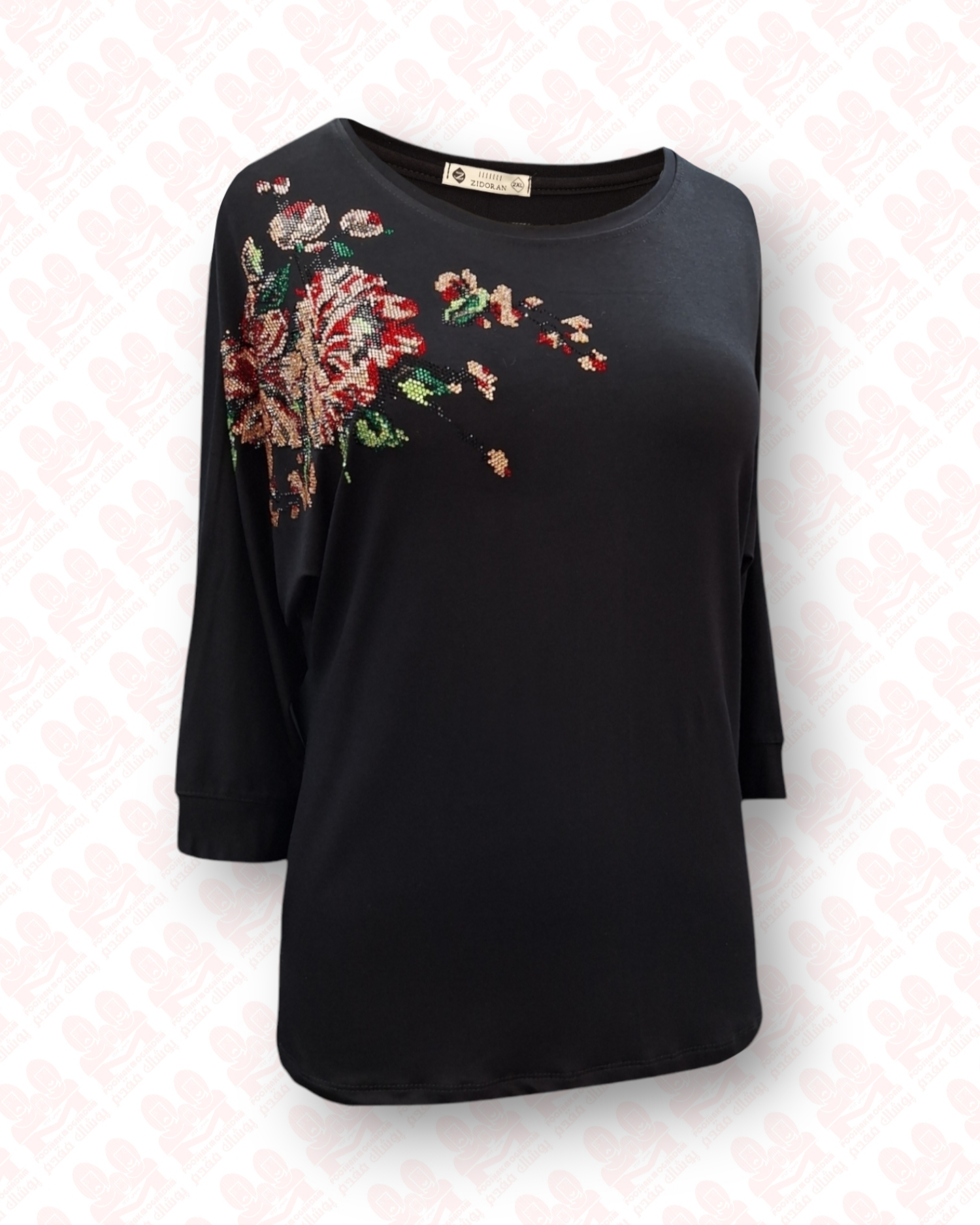بلوز ویلفو آستین سه ربع سرشانه نگین گل کد4900-3086 سایز4XL مشکی
