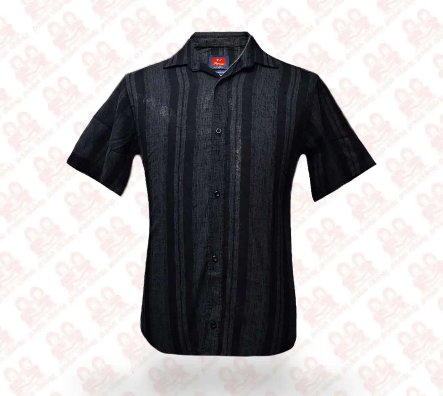 پیراهن مردانه آستین کوتاه اندامی کنفی طرح دار مشکی کد3300-003 سایز2XL