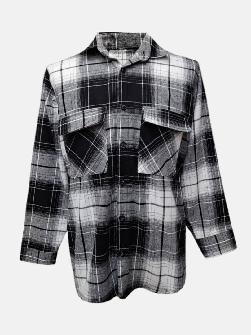 پیراهن مردانه دوجیب چهارخانه پشمی طرح1 سفیدمشکی BH سایزL