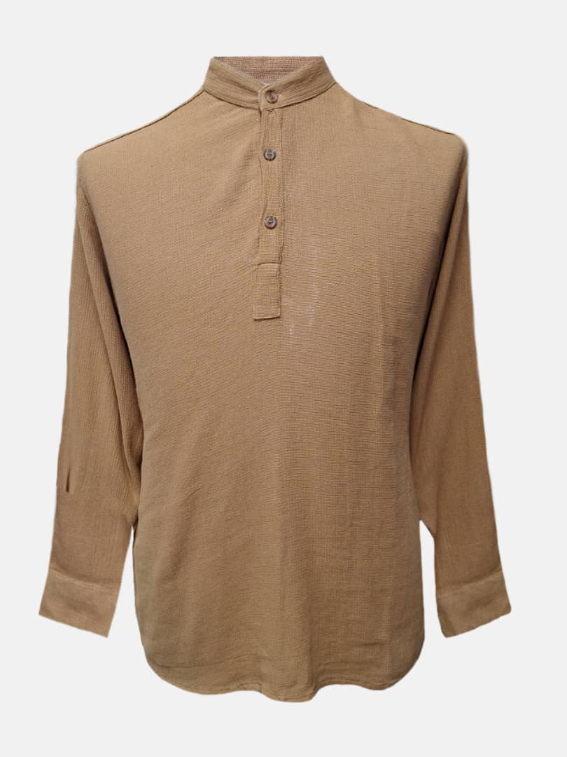 پیراهن مردانه آستین بلند یقه ایستاده 3دکمه کنفی نسکافه ای AF سایزL