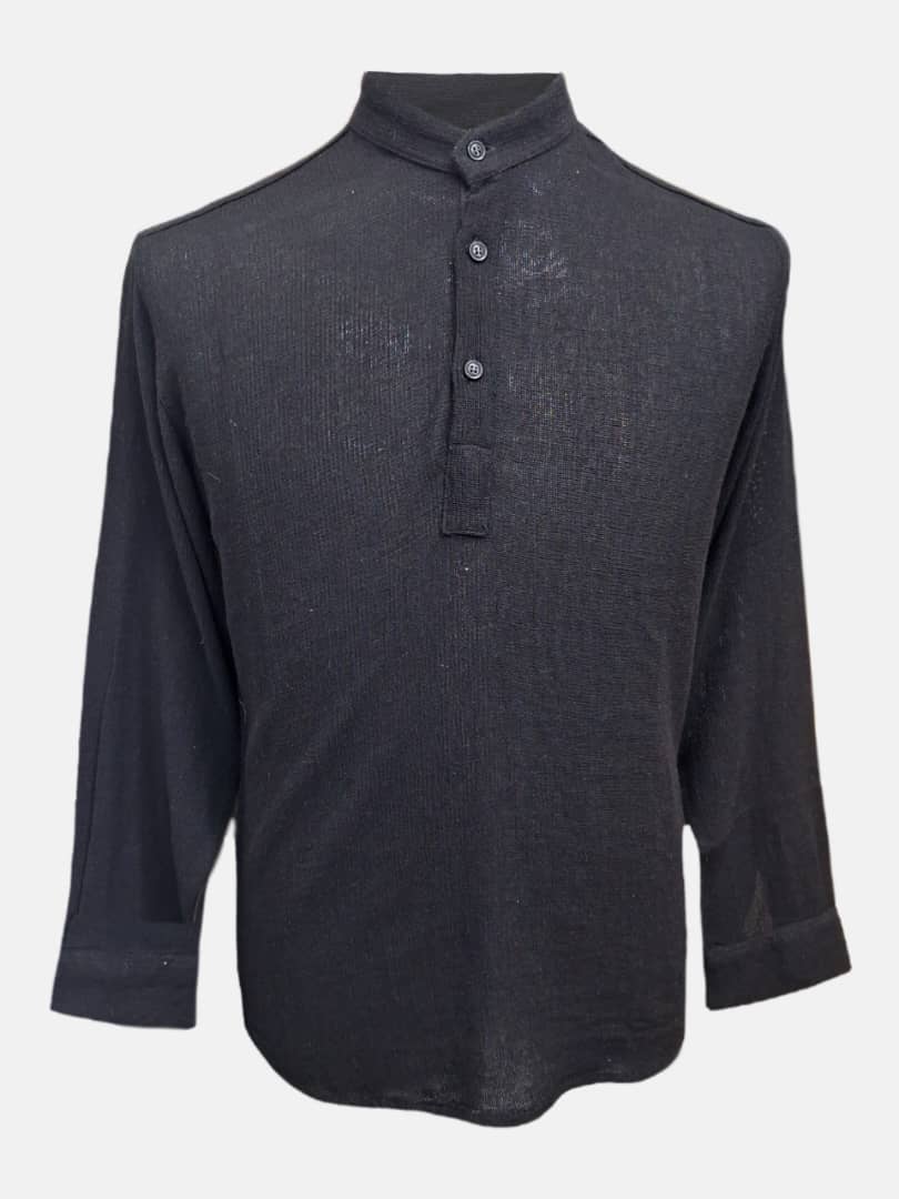 پیراهن مردانه آستین بلند یقه ایستاده 3دکمه کنفی مشکی AF سایزL