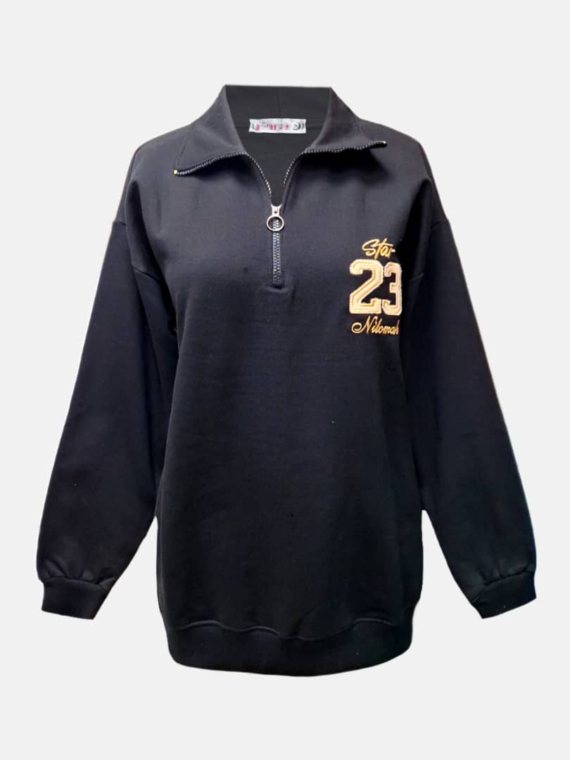 بلوز زنانه یقه دار نیم زیپ دورس مشکی CT