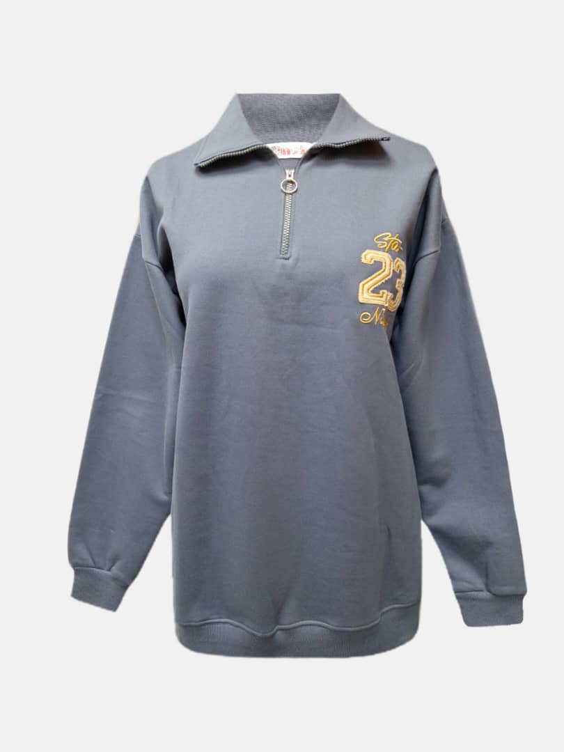 بلوز زنانه یقه دار نیم زیپ دورس طوسی CT