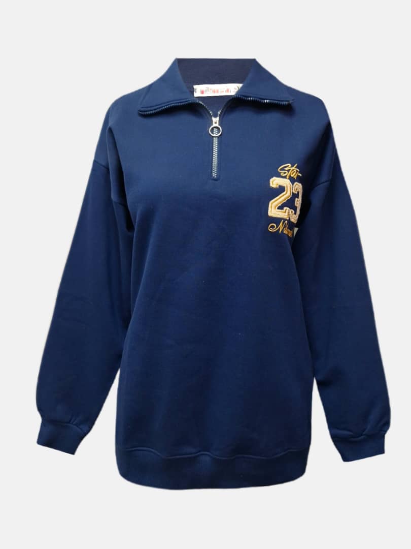 بلوز زنانه یقه دار نیم زیپ دورس سرمه ای CT