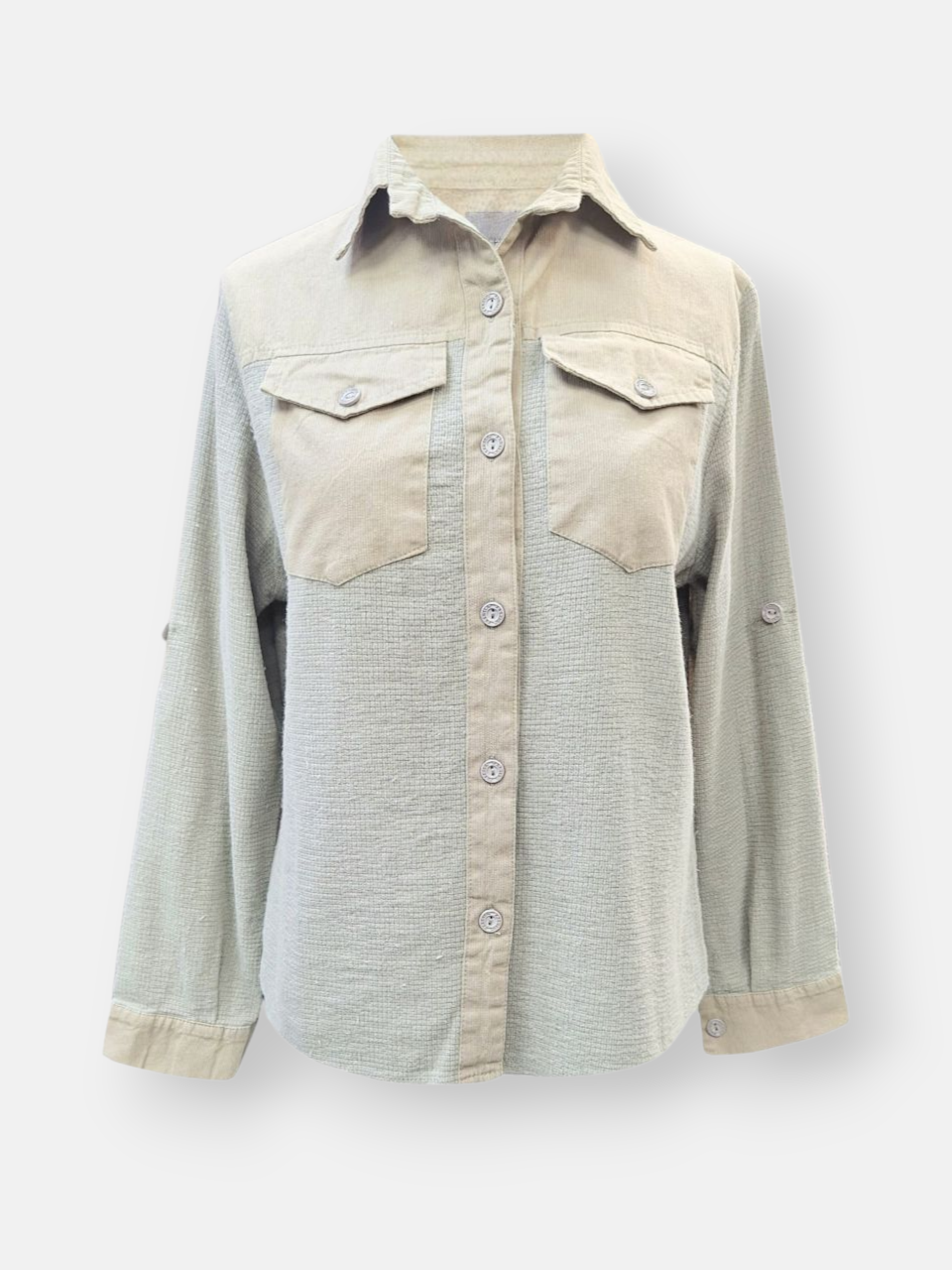 شومیز زنانه دوجیب کتان کنفی خاکی AV751