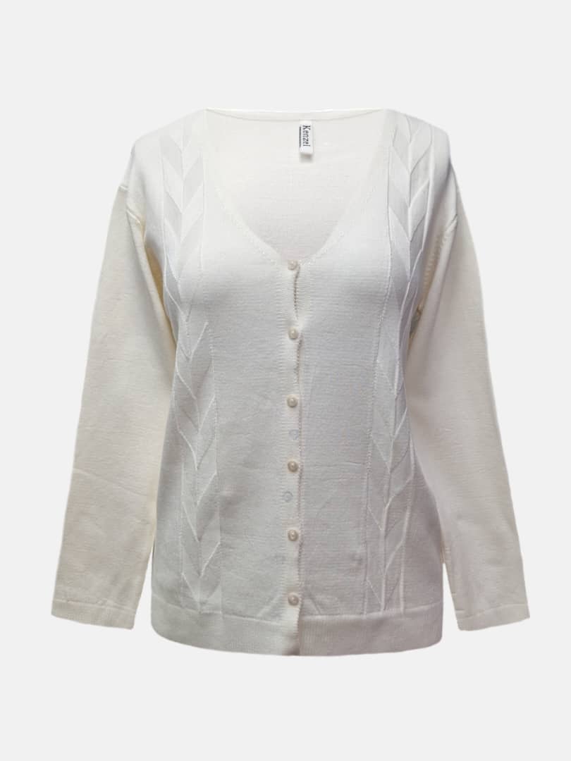 ژاکت زنانه بوکله هاشوردار سفید AV1265