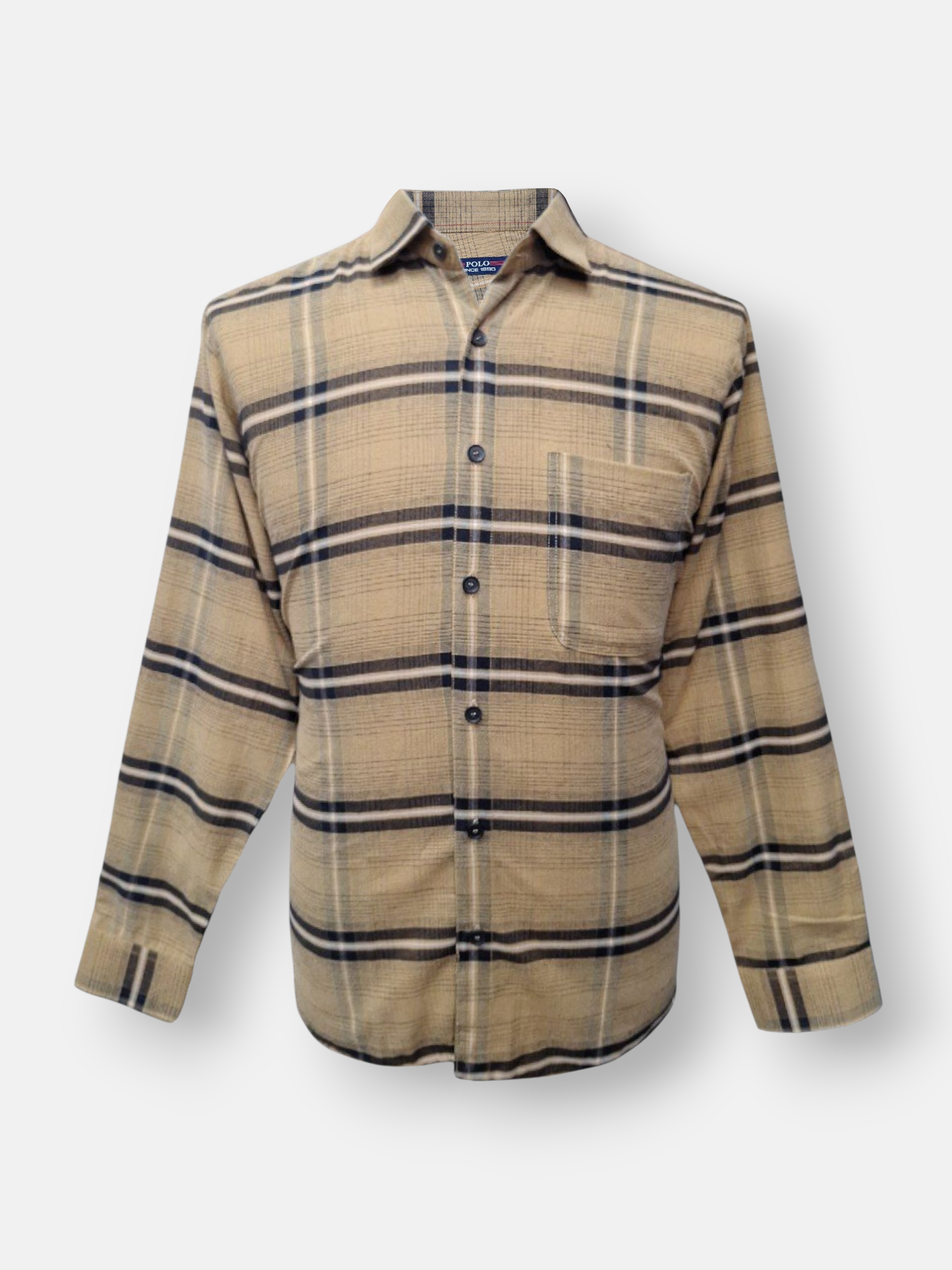 پیراهن مردانه آستین بلند کرکی چهارخانه کرم AF سایزL