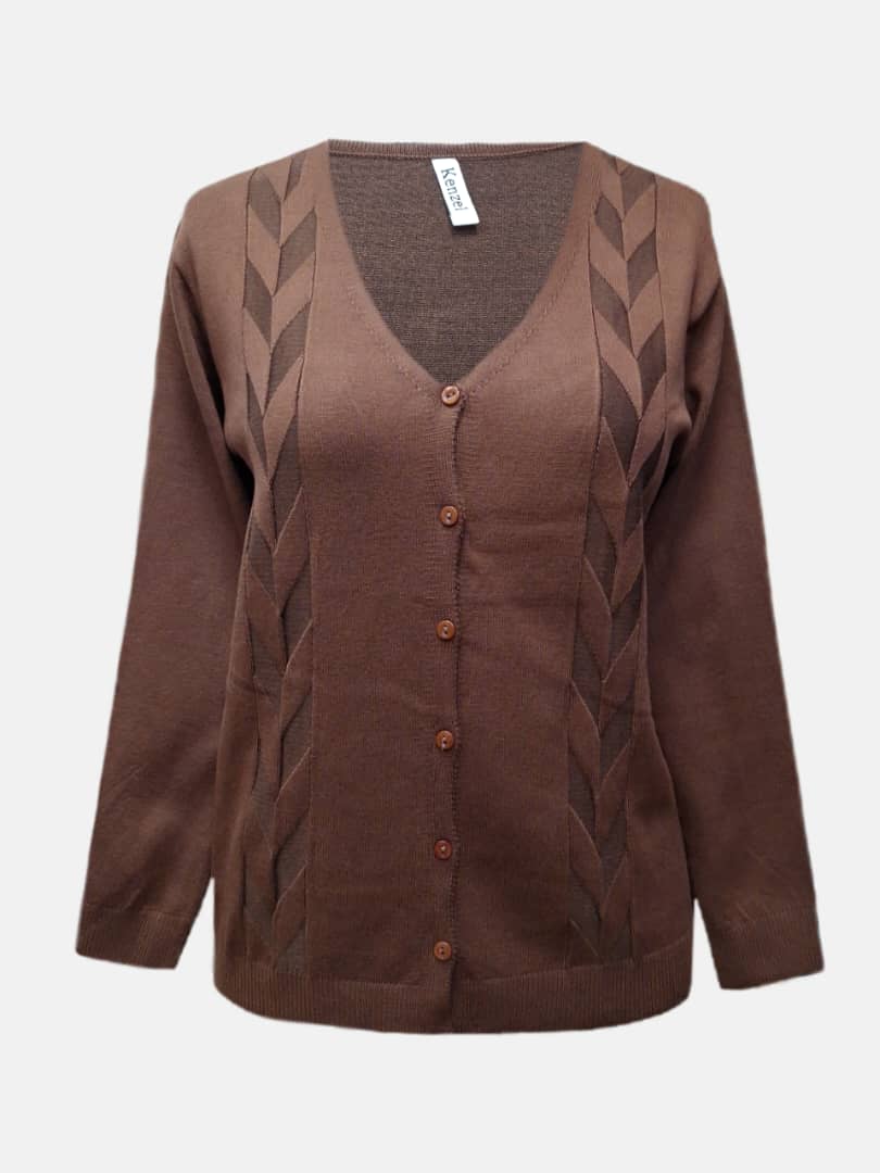 ژاکت زنانه بوکله هاشوردار قهوه ای AV1265