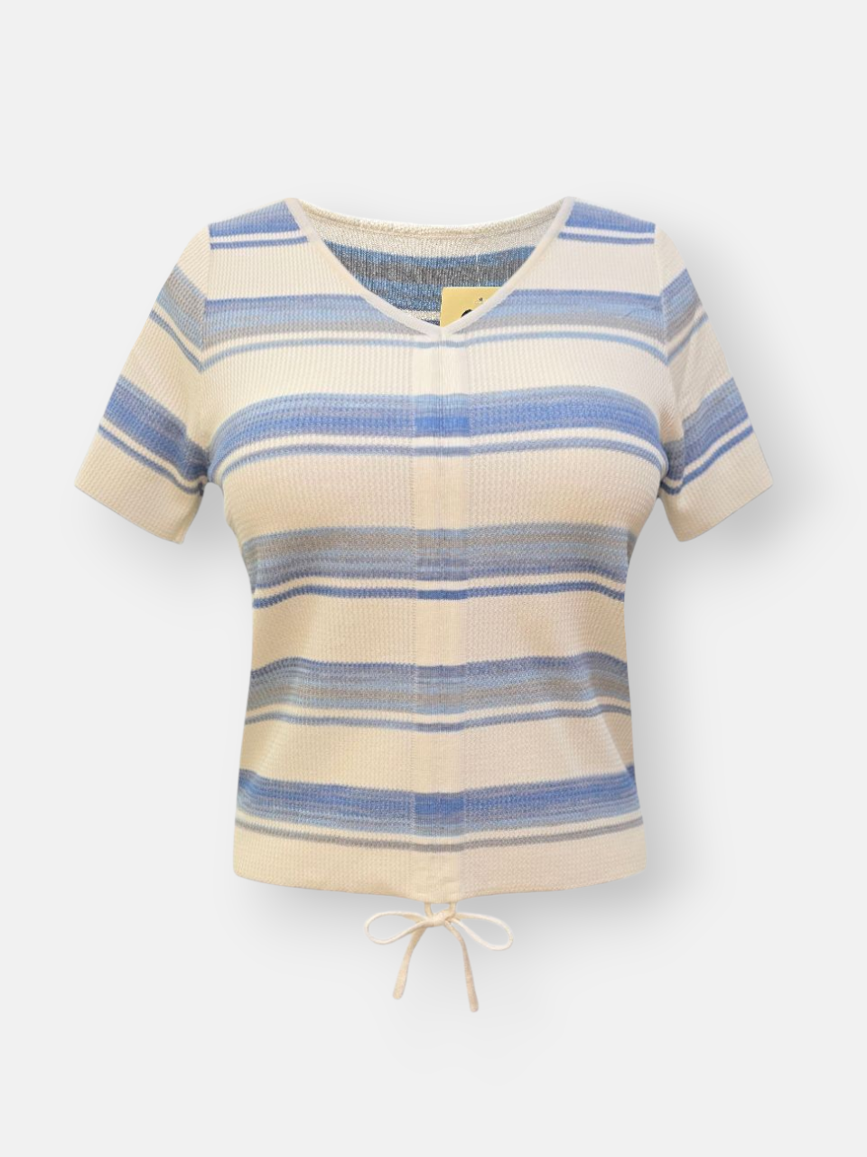 کراپ زنانه یقه هفت آستین کوتاه بیسکوئیتی راه راه آبی DA