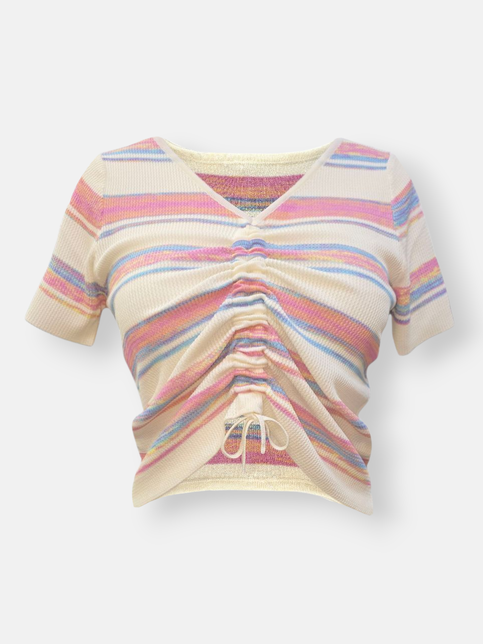 کراپ زنانه یقه هفت آستین کوتاه بیسکوئیتی راه راه صورتی آبی DA