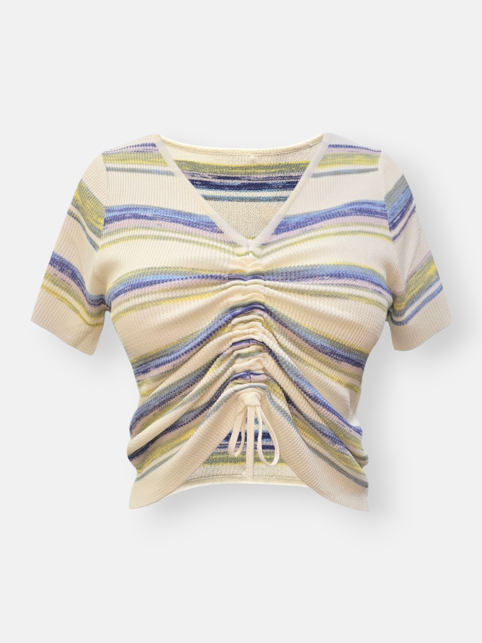 کراپ زنانه یقه هفت آستین کوتاه بیسکوئیتی راه راه زردآبی DA