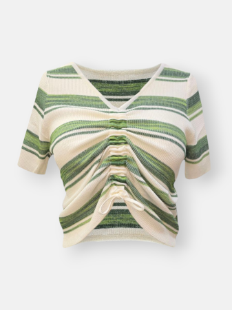 کراپ زنانه یقه هفت آستین کوتاه بیسکوئیتی راه راه DA