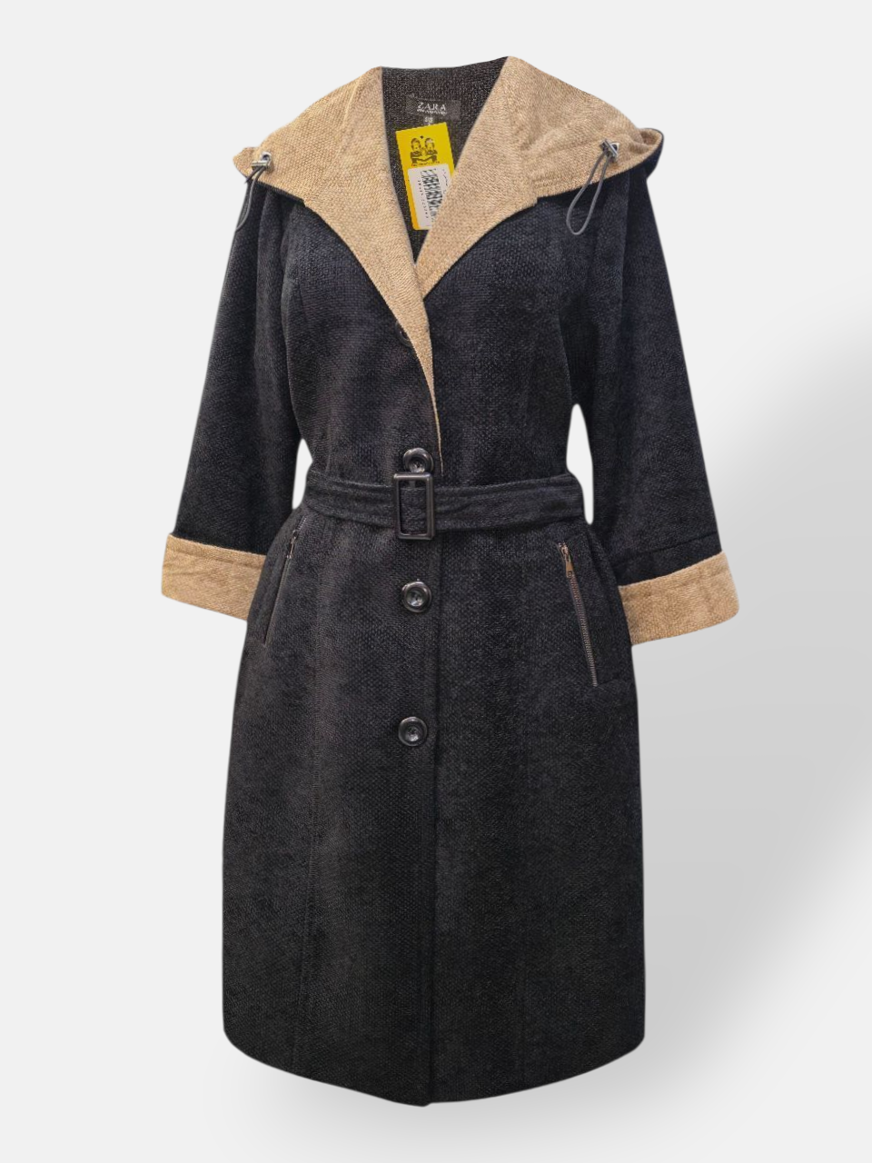 مانتو زنانه کلاه دار مخمل سوژین مشکی کرم AY سایز1