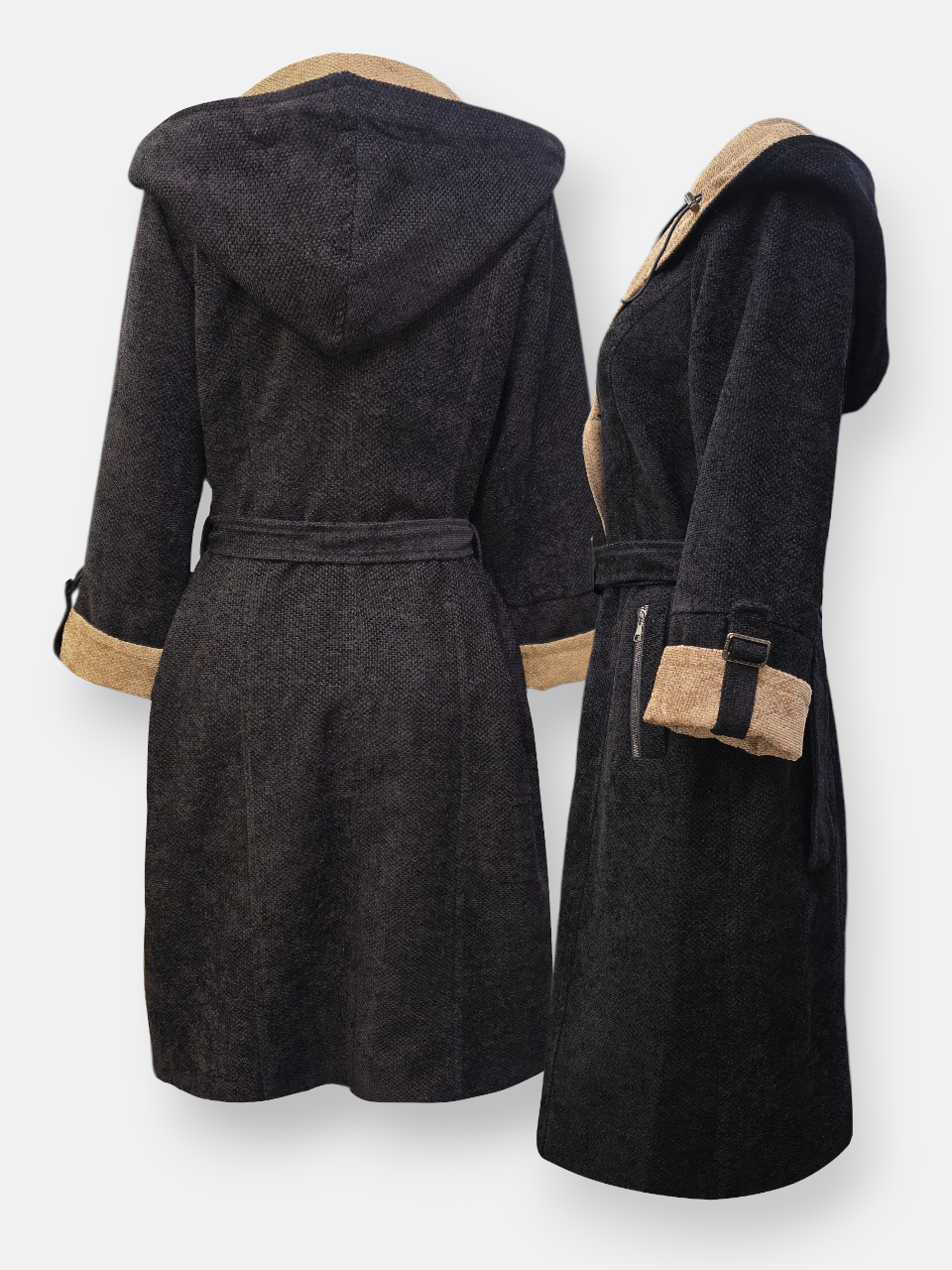 مانتو زنانه کلاه دار مخمل سوژین مشکی کرم AY سایز2