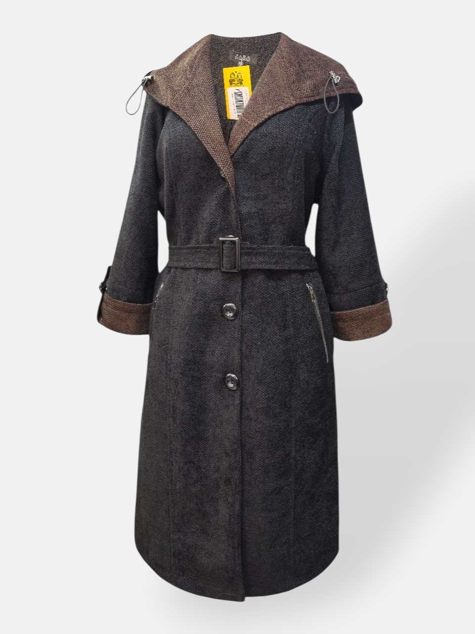 مانتو زنانه کلاه دار مخمل سوژین مشکی قهوه ای AY سایز1