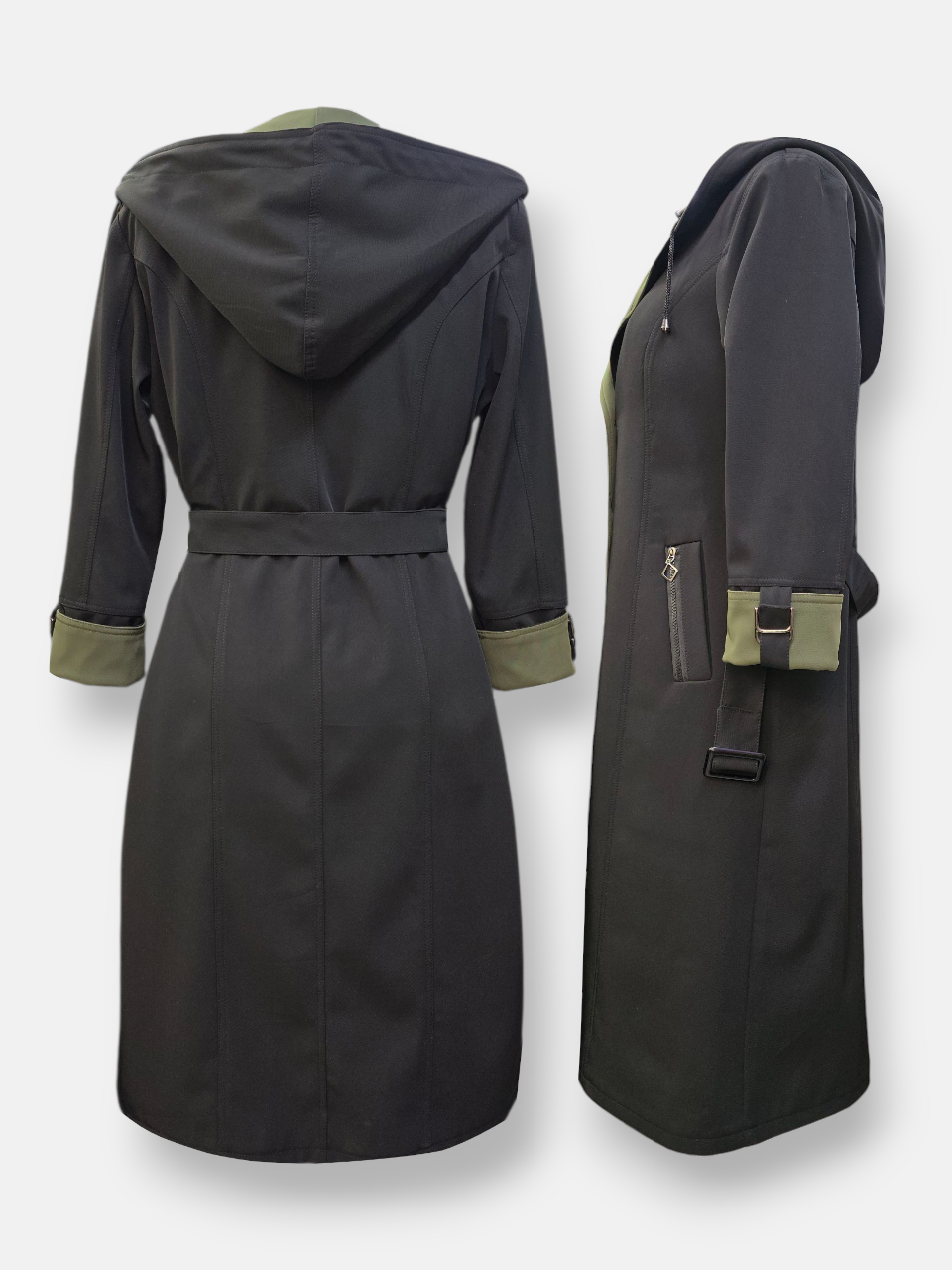 بارانی زنانه بلند پرادو پشت بلدینگ مشکی سبز AQ309 سایز46