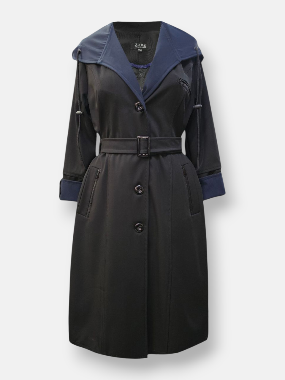 بارانی زنانه کلاهدار پشت بلدینگ مشکی سرمه ای AY سایز2