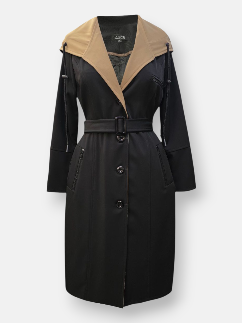 بارانی زنانه کلاهدار پشت بلدینگ مشکی کرم AY سایز2