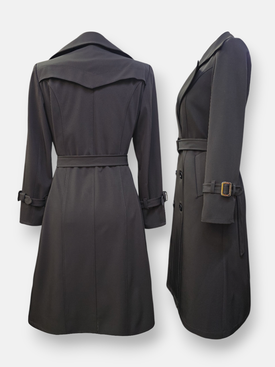 بارانی زنانه بلند یقه انگلیسی پشت شنل دار پشت بلدینگ مشکی AQ311 سایز46