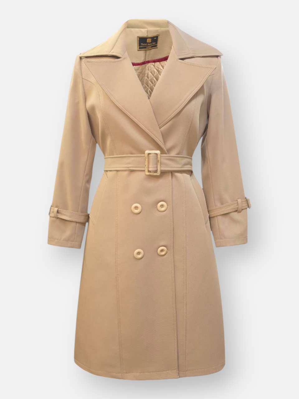 بارانی زنانه بلند یقه انگلیسی پشت شنل دار پشت بلدینگ خاکی AQ311 سایز44