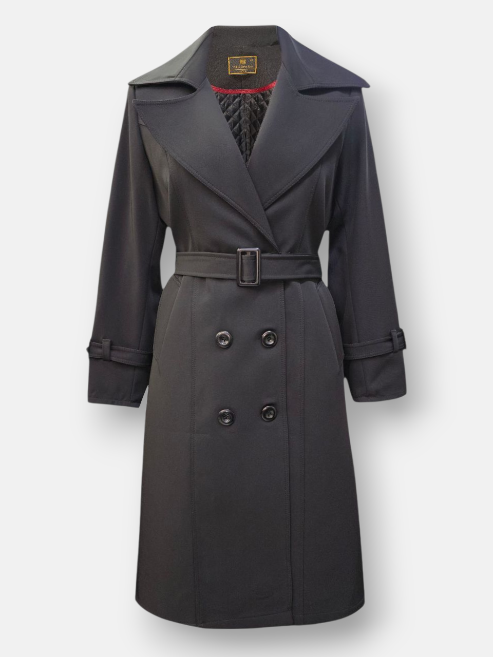 بارانی زنانه بلند یقه انگلیسی پشت شنل دار پشت بلدینگ مشکی AQ311 سایز44