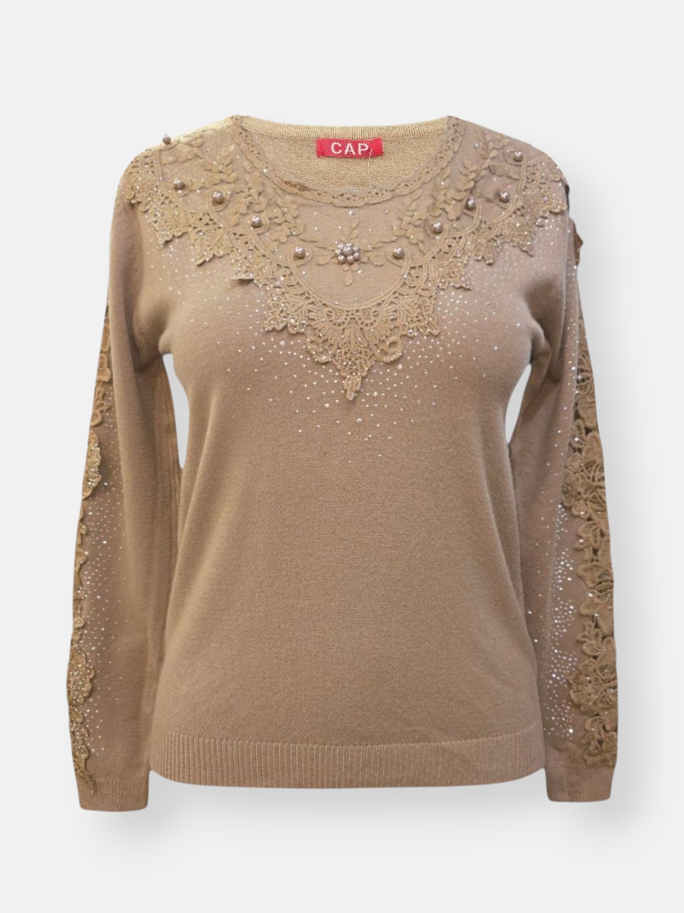 بلوز زنانه یقه گرد گپ گیپوری موکا DA2202