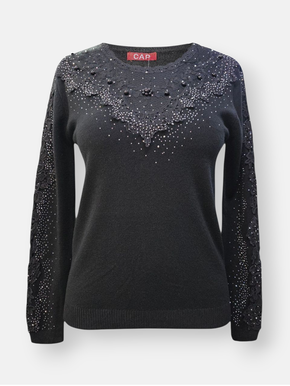 بلوز زنانه یقه گرد گپ گیپوری مشکی DA2202