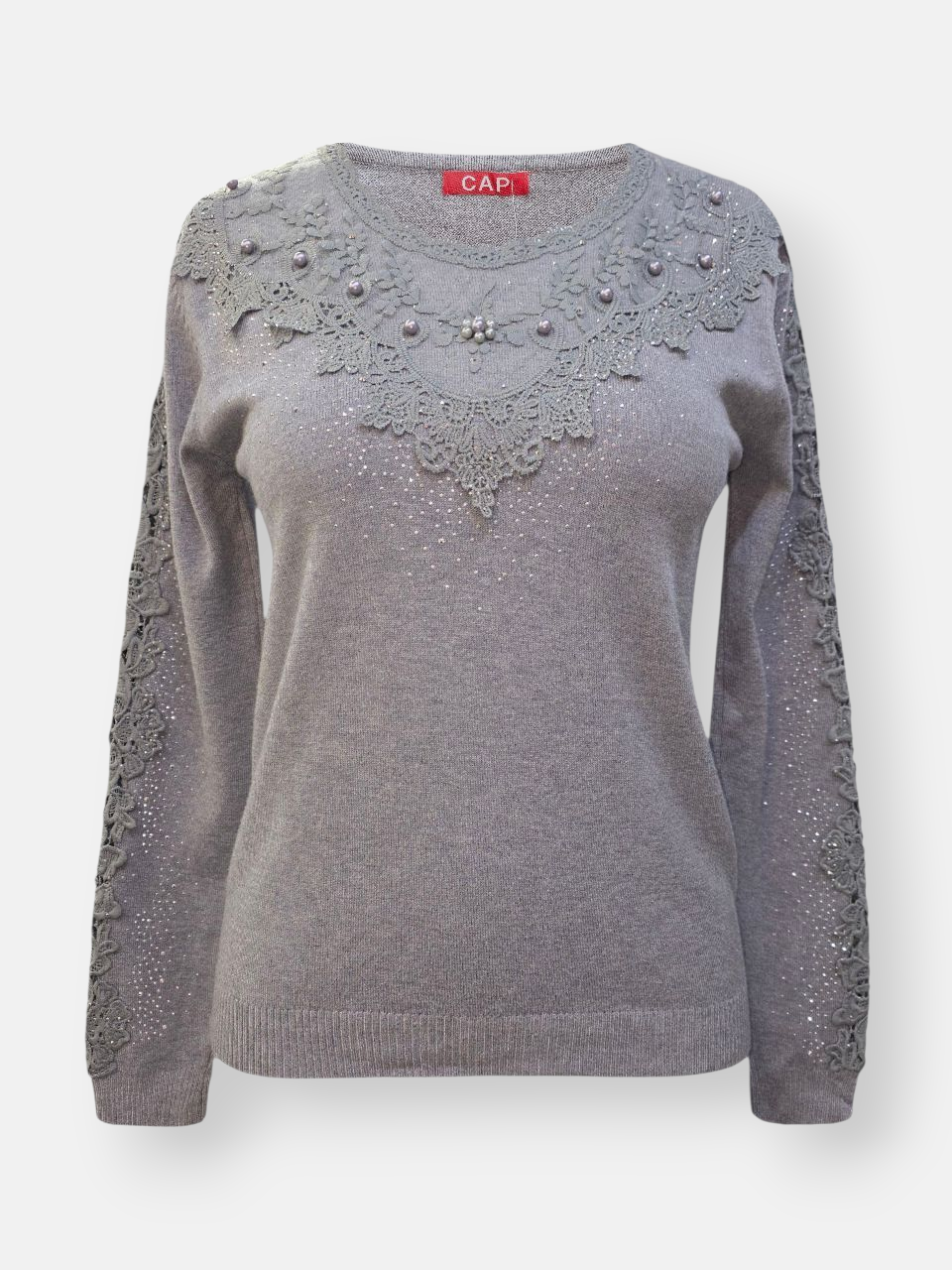 بلوز زنانه یقه گرد گپ گیپوری طوسی DA2202