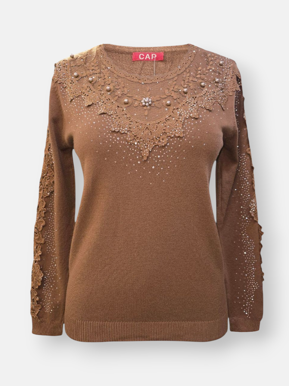 بلوز زنانه یقه گرد گپ گیپوری شکلاتی DA2202