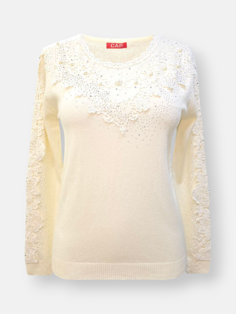 بلوز زنانه یقه گرد گپ گیپوری شیری DA2202