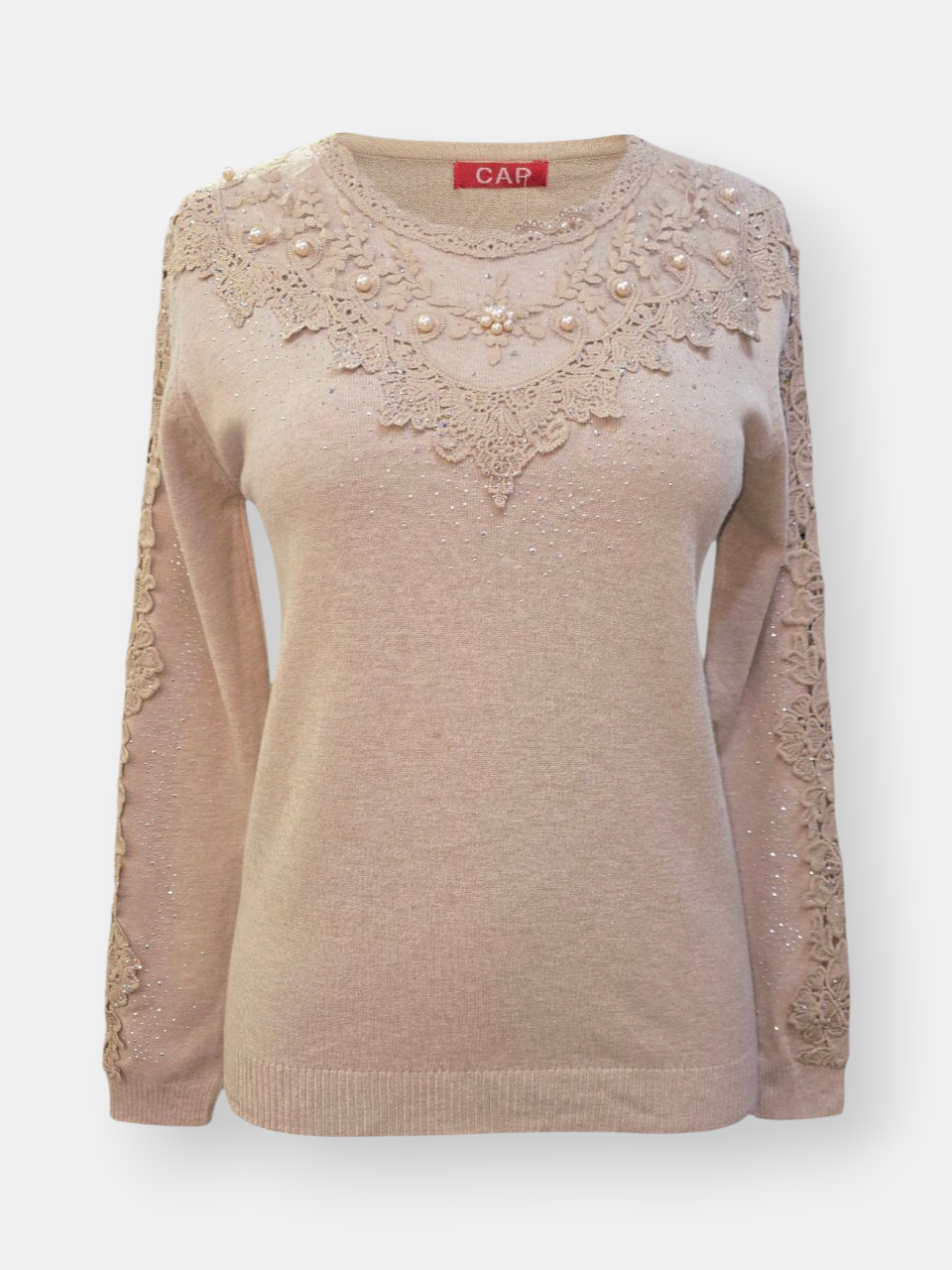 بلوز زنانه یقه گرد گپ گیپوری نسکافه ای DA2202