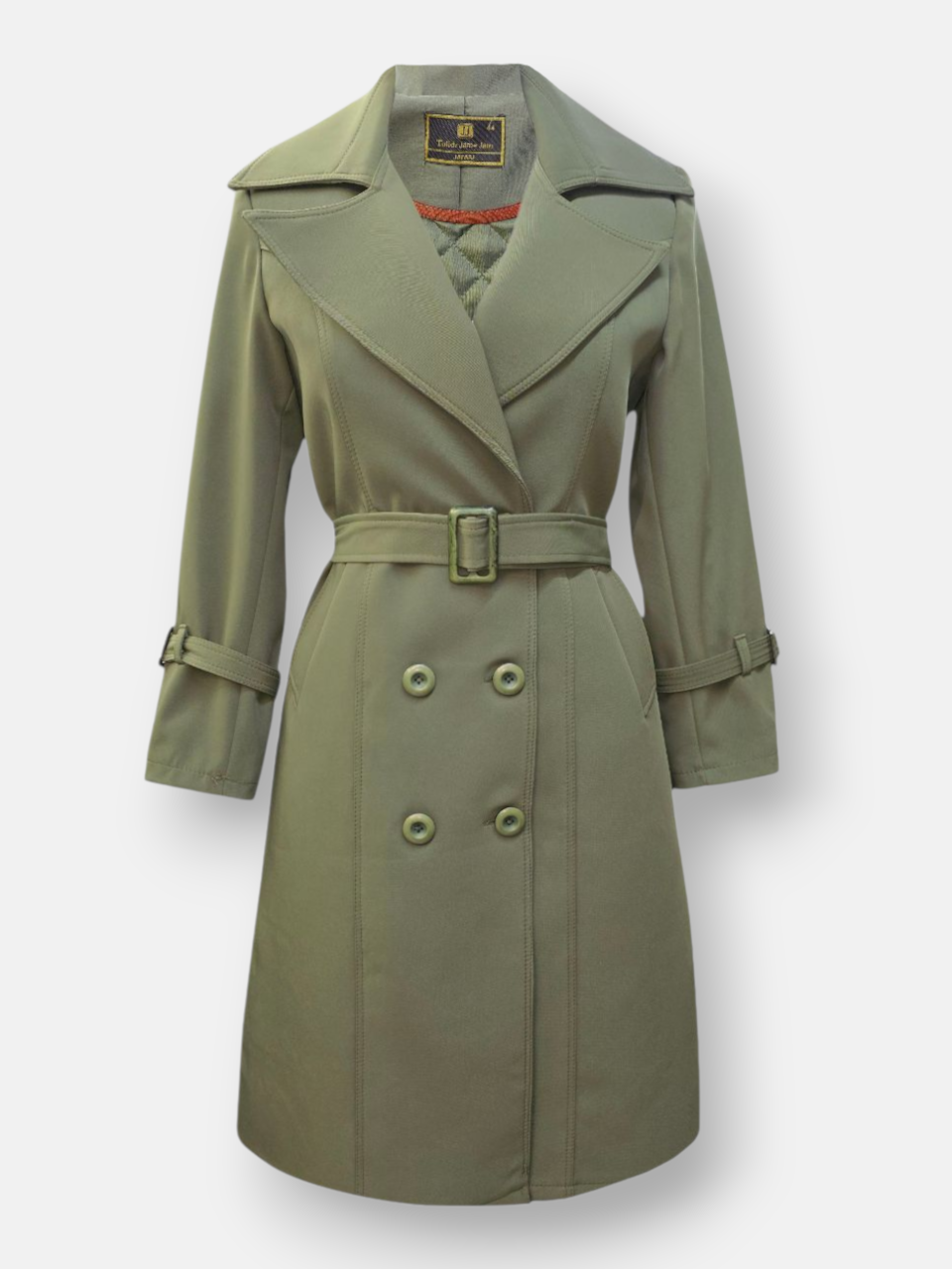 بارانی زنانه بلند یقه انگلیسی پشت شنل دار پشت بلدینگ سبز AQ311 سایز44