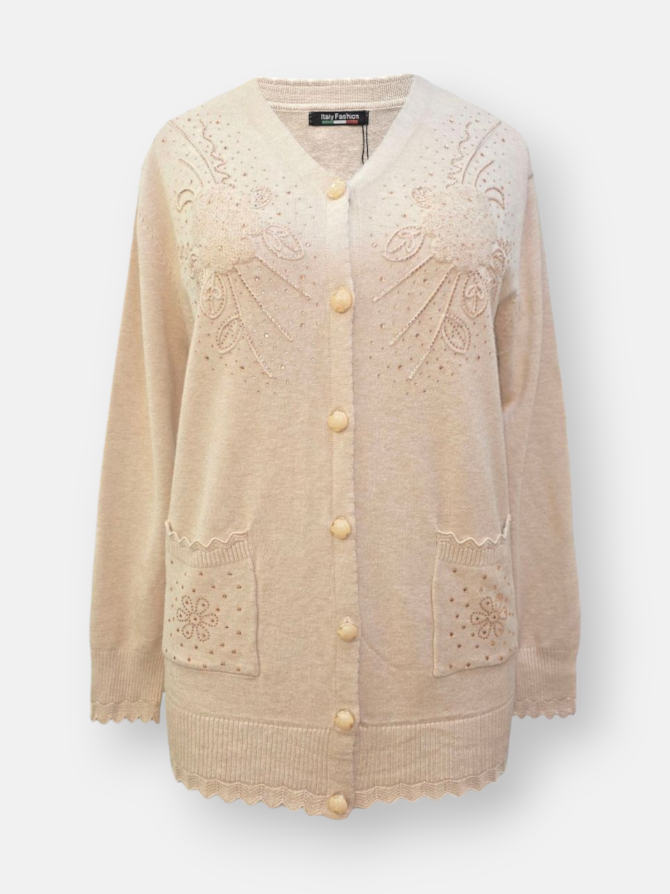 ژاکت زنانه یقه هفت دکمه دار نگین دار کرم DA5289