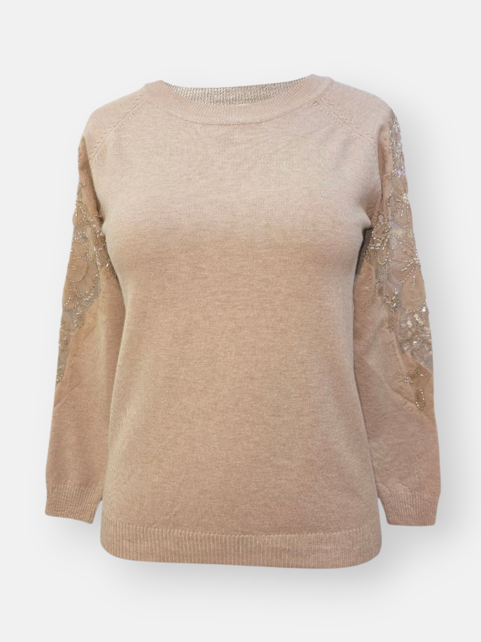 بلوز زنانه یقه گرد توری نسکافه ای DA2211