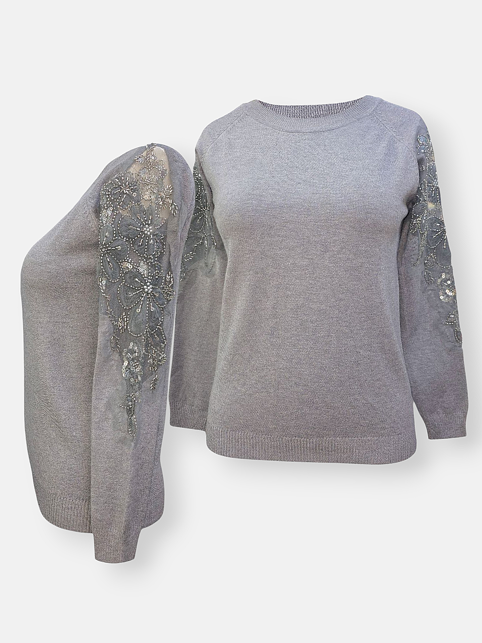 بلوز زنانه یقه گرد توری طوسی DA2211