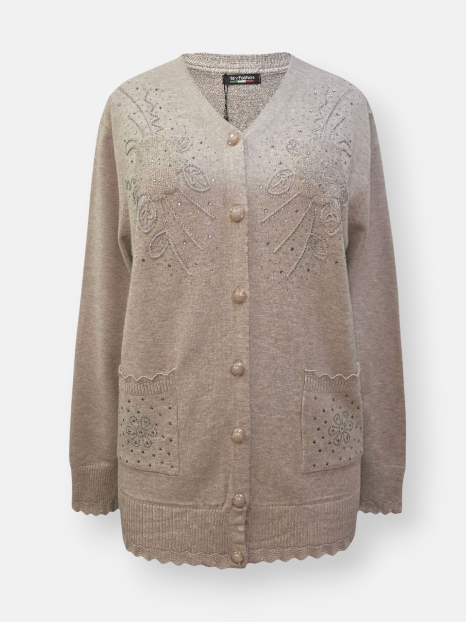 ژاکت زنانه یقه هفت دکمه دار نگین دار خاکی DA5289