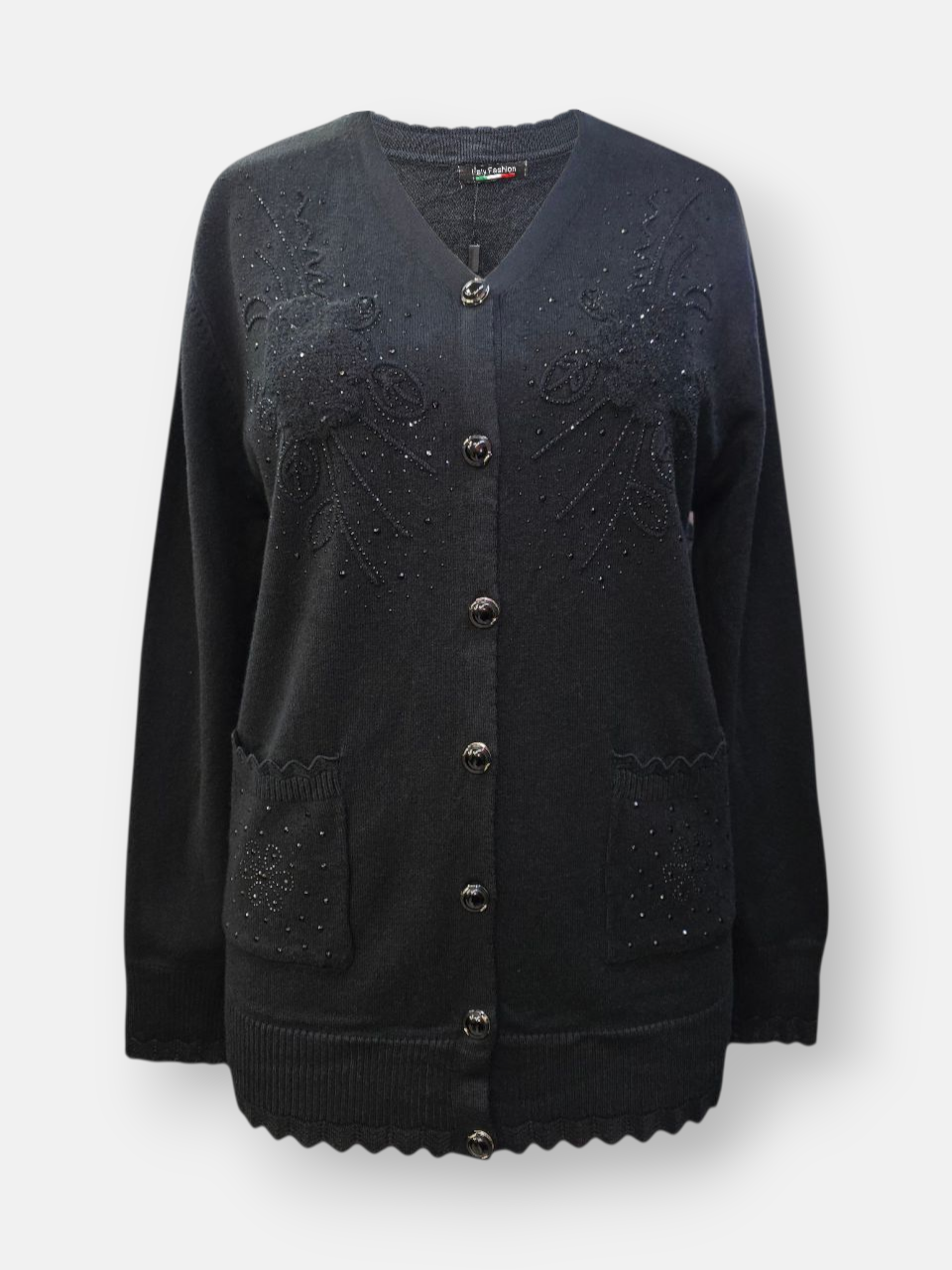 ژاکت زنانه یقه هفت دکمه دار نگین دار مشکی DA5289