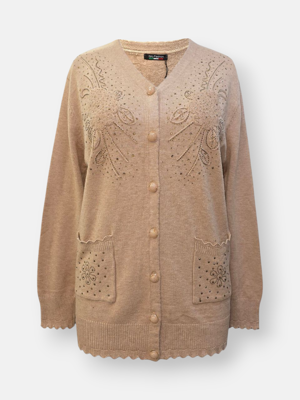 ژاکت زنانه یقه هفت دکمه دار نگین دار نسکافه ای DA5289