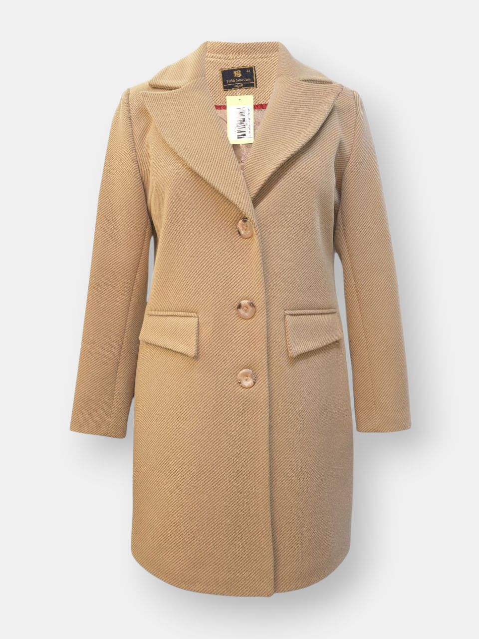 پالتو زنانه یقه انگلیسی سه دکمه فوتر کجراه خاکی AQ سایز44