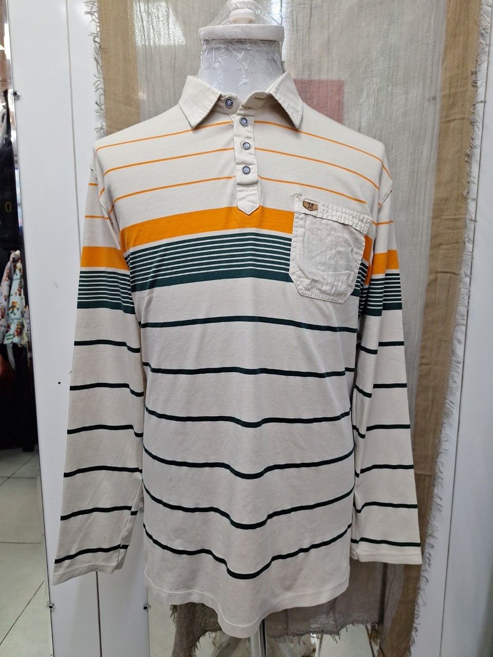 بلوز مردانه یقه دار سه دکمه جیب دار خامشور کرم نارنجی BH سایز3XL