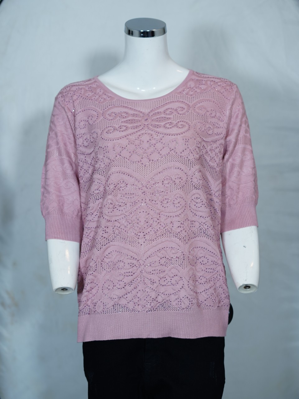 تیشرت زنانه یقه گرد نگین دار توری صورتی DA7011