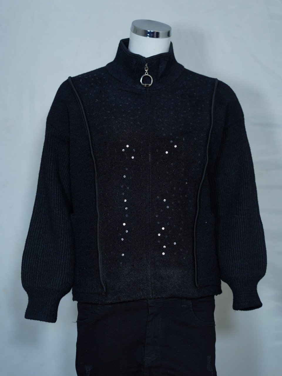 ژاکت زنانه زیپدار مغزی دوزی مشکی DA8010