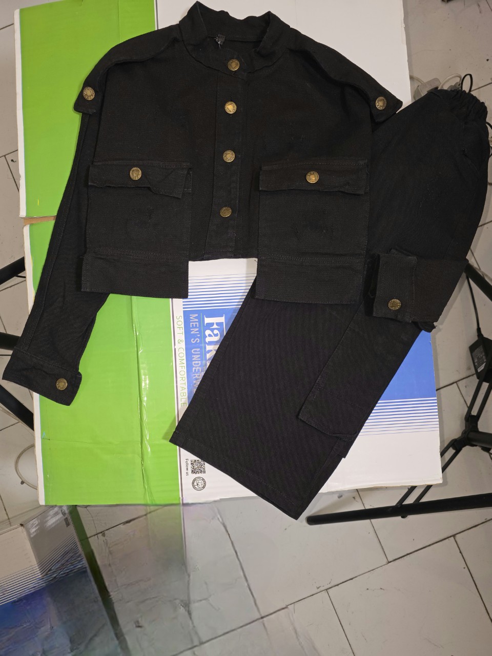 کت و شلوار کتان دخترانه آستین کیمونو کد7400 سایز7 مشکی