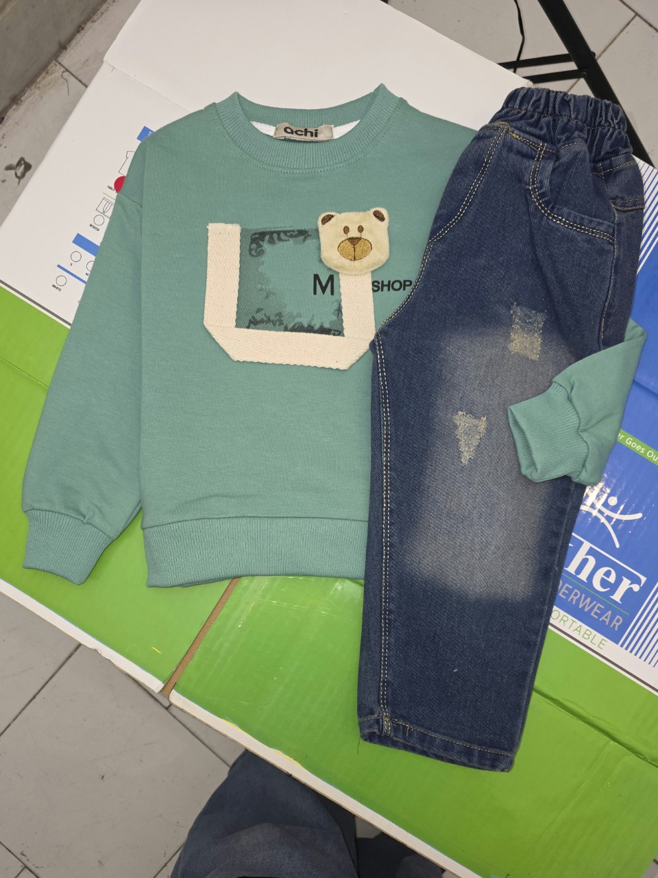 ست پسرانه بلوز شلوار دورس وجین گلدوزی سبزآبی CT1048 سایز40