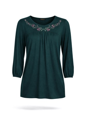 بلوز زنانه آستین سه ربع بالاتنه چین ویلفو گلدوزی AT33098