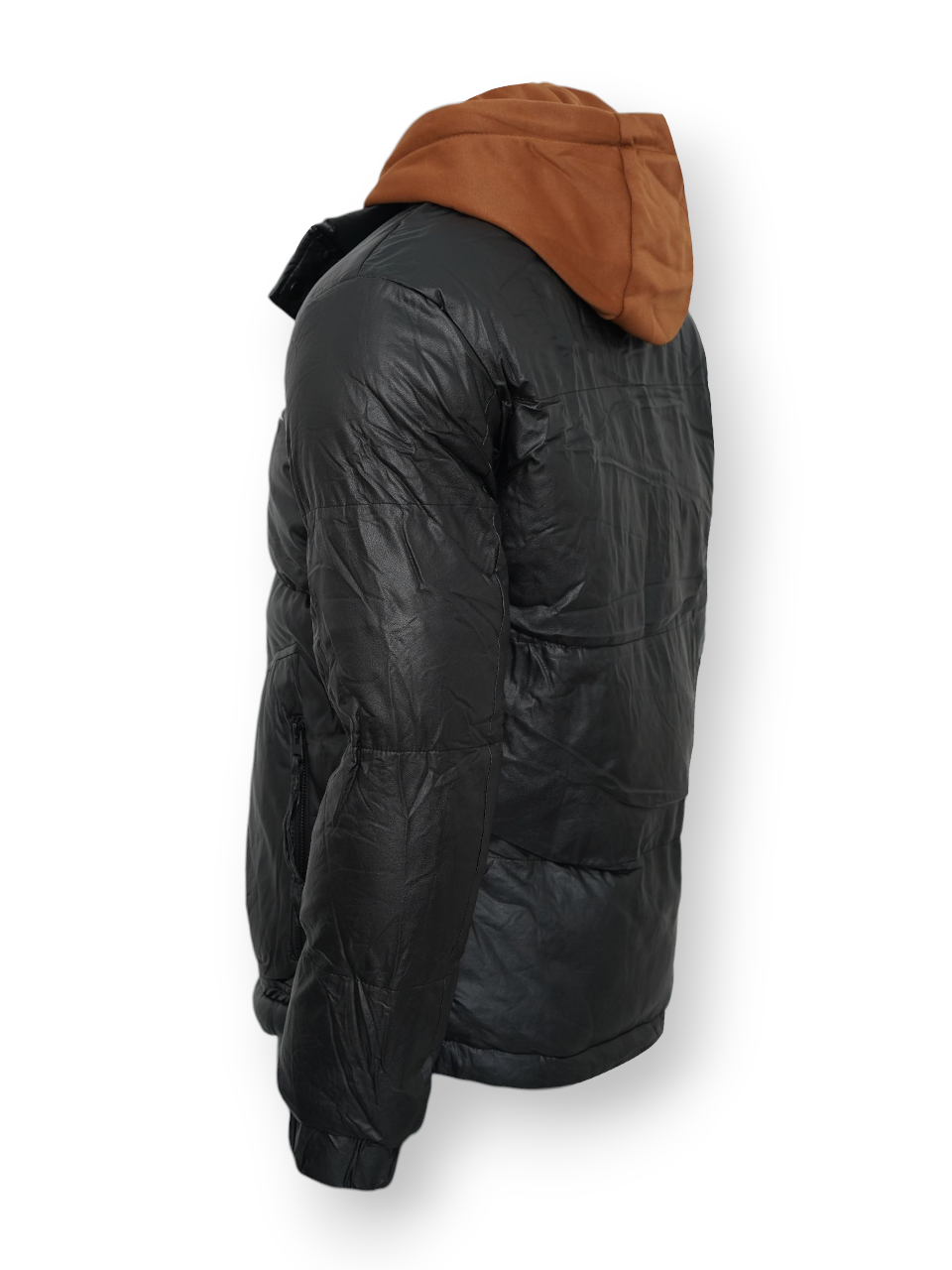 کاپشن مردانه کلاهدار چرم مصنوعی مشکی CN2635 سایزXL