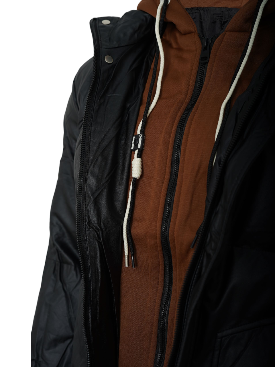 کاپشن مردانه کلاهدار چرم مصنوعی مشکی CN2635 سایز2XL