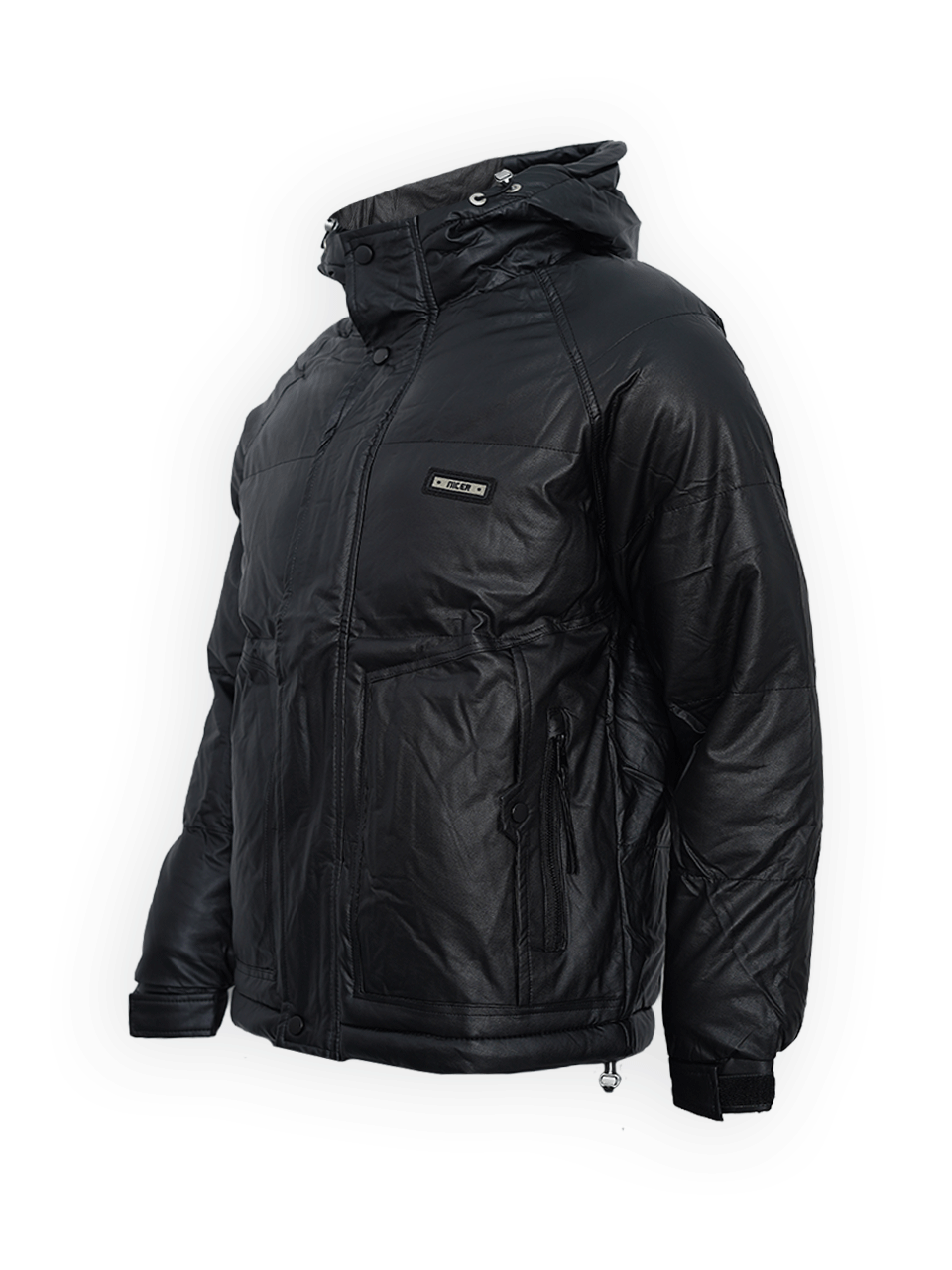 کاپشن مردانه کلاهدار چرم مصنوعی مشکی CN2703 سایز2XL