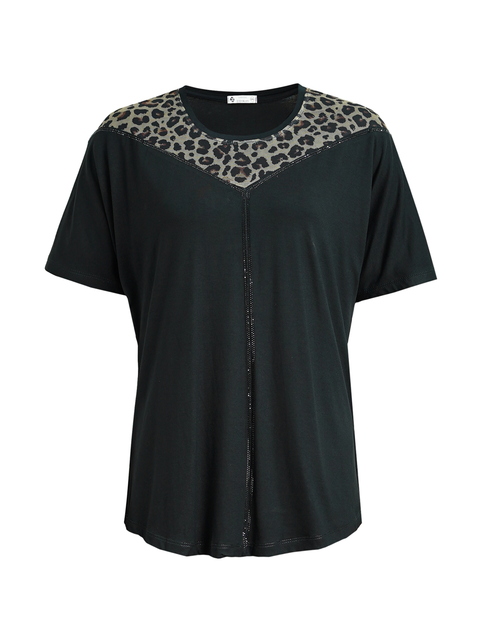 تیشرت زنانه آستین سرخود یقه گرد ویلفو نگین کاری پلنگی مشکی کرم BX2084 سایز4XL