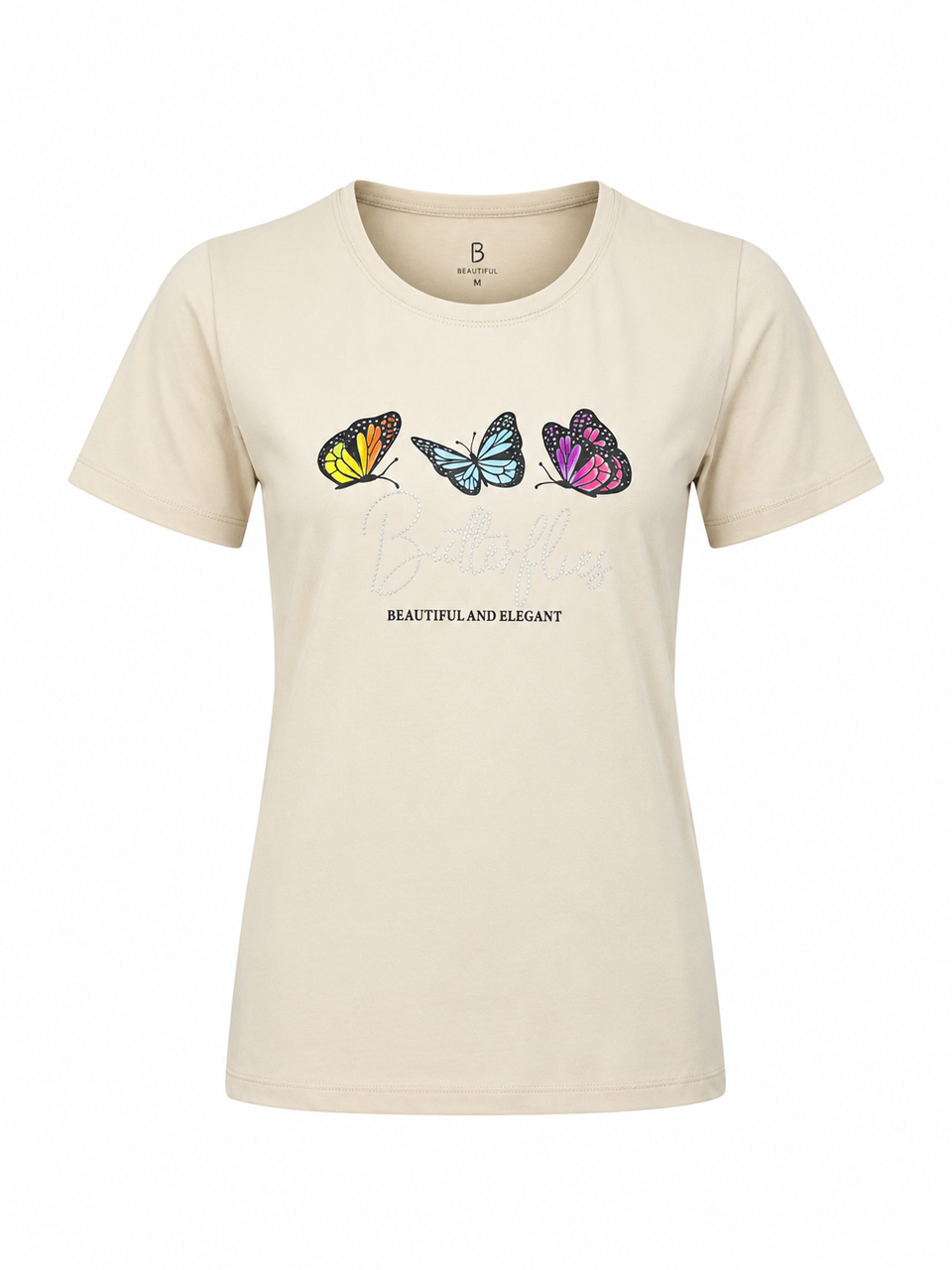 تیشرت زنانه پنبه لاکرا چاپی کرم DF6478 سایزL